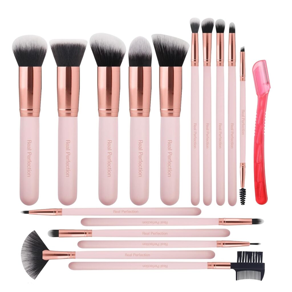 Real Perfection 16-piece pink makeup brush set with eyebrow razor for ASMR spa