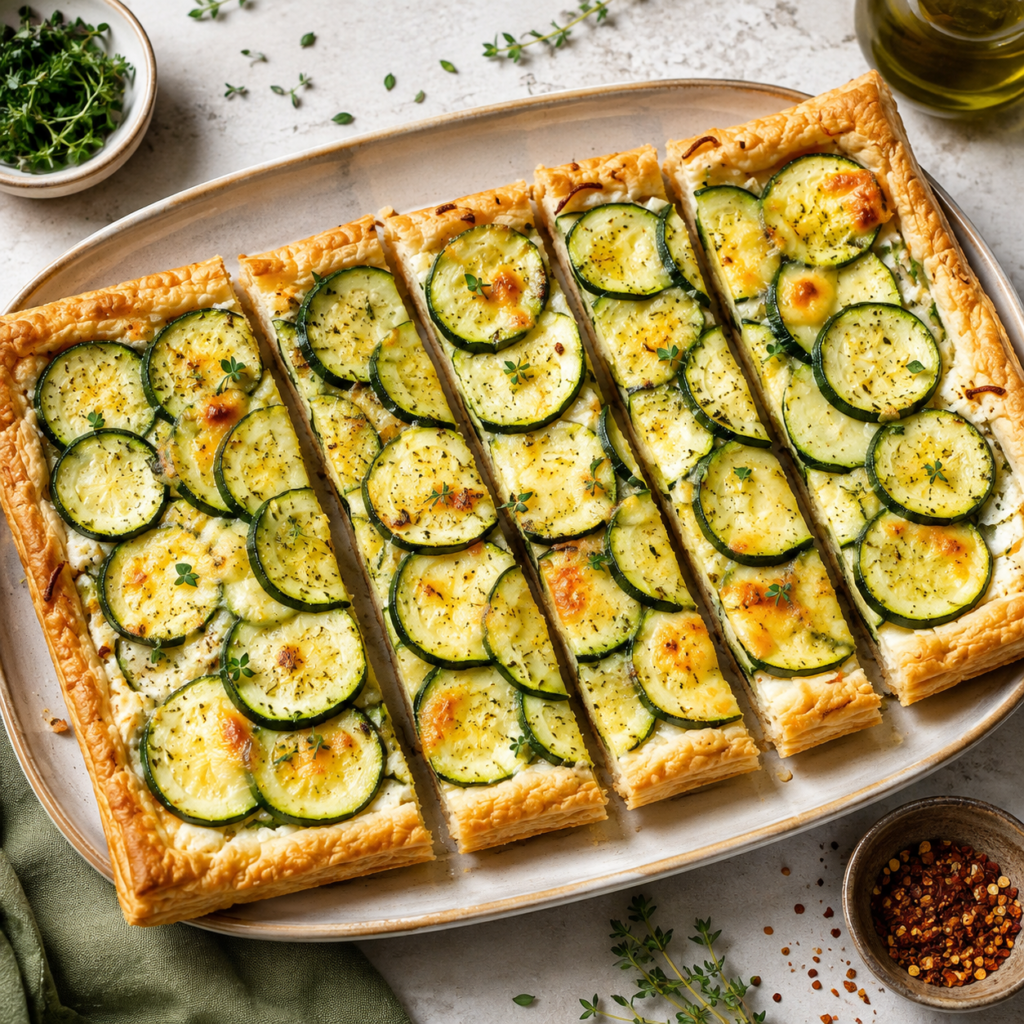 Savory puff pastry tart with ricotta zucchini slices and parmesan