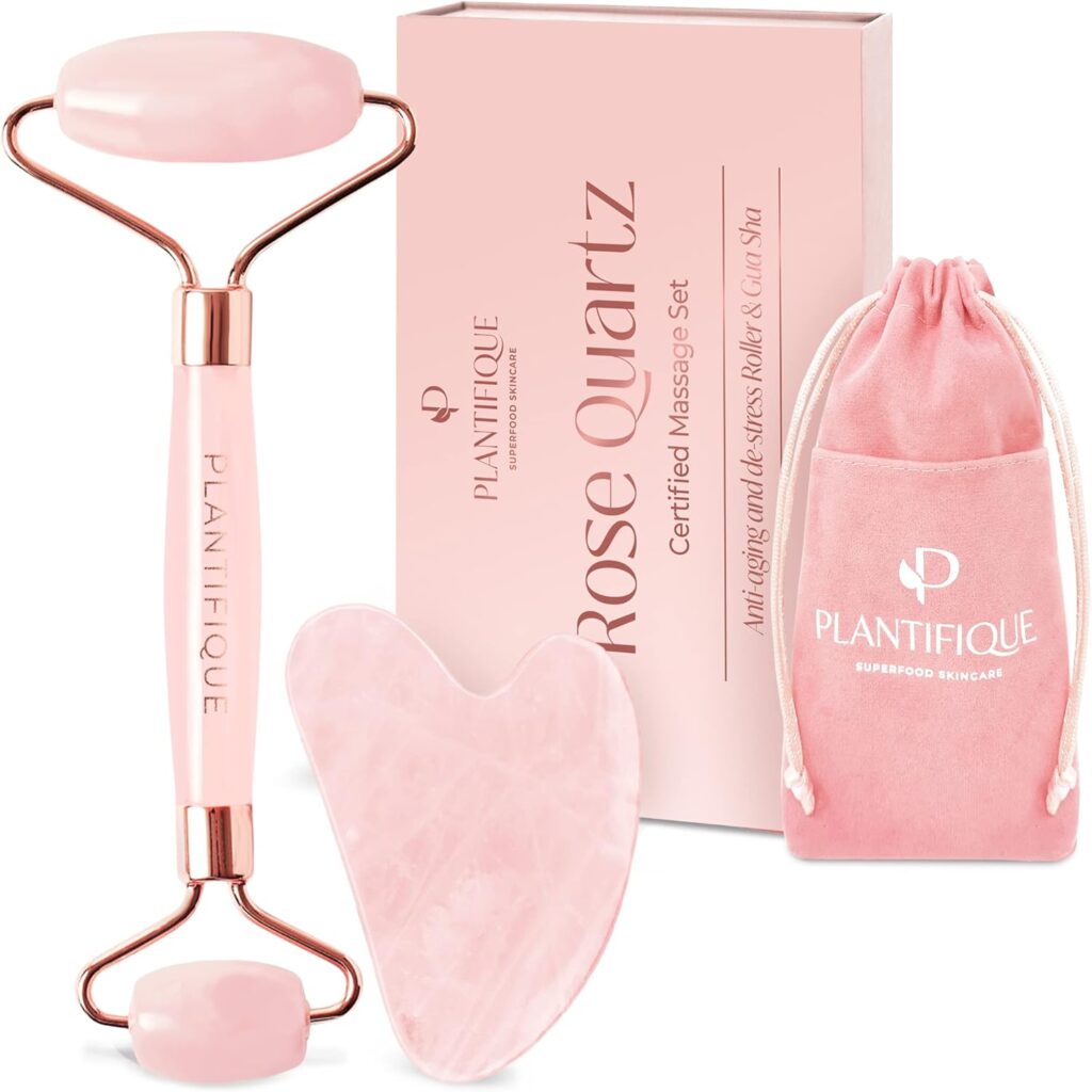 PLANTIFIQUE rose quartz gua sha and face roller set for ASMR spa routine