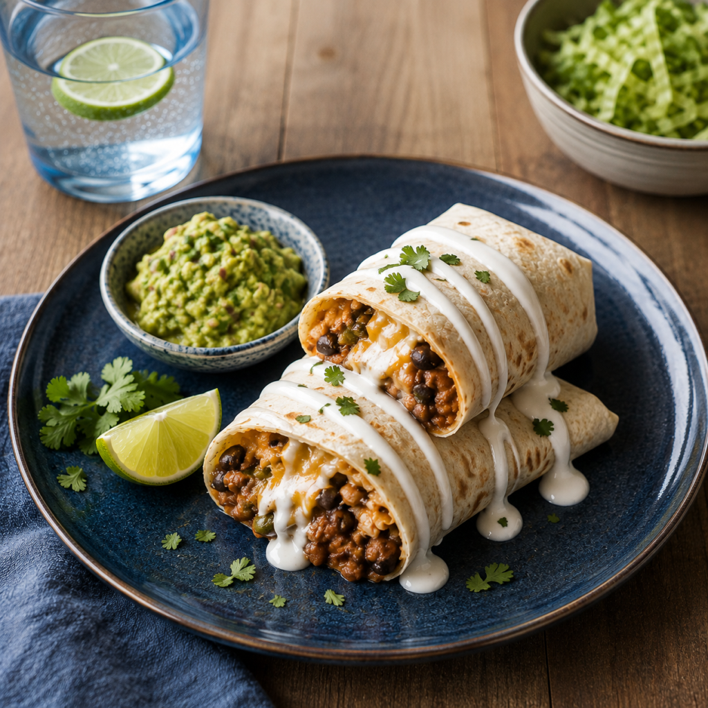 Pan-fried saucy bean and cheese burritos golden and crispy on the outside