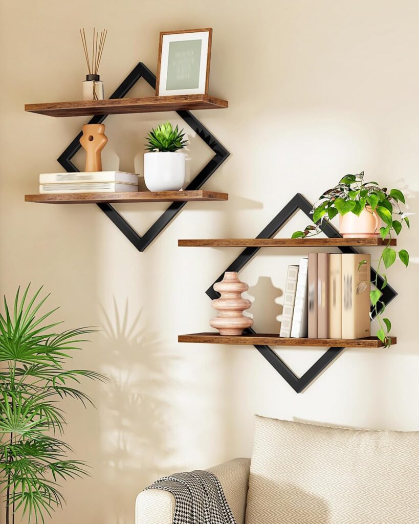 2-tier hanging wall shelves rustic brown for staircase beside storage