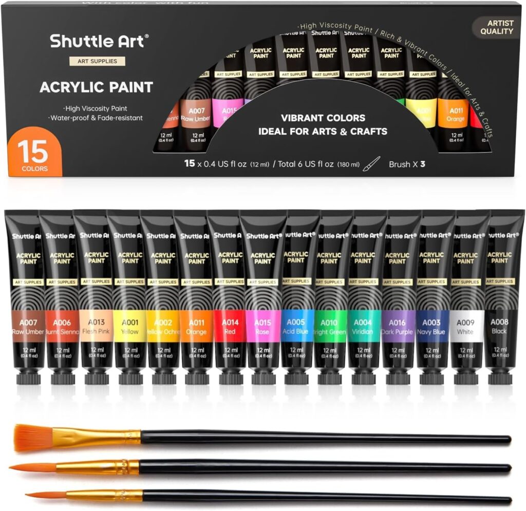 Shuttle Art acrylic paint set 15 x 12ml tubes non-toxic for painting clay crafts