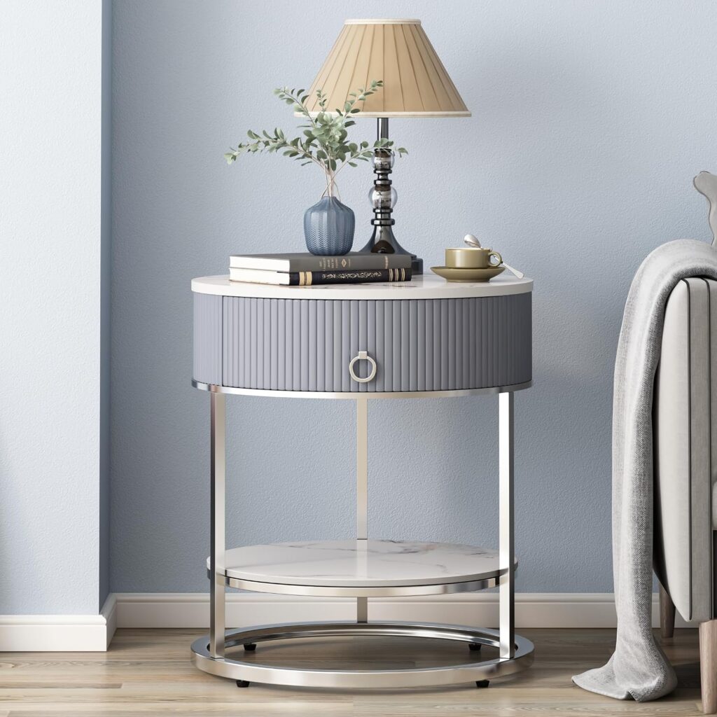End table with sintered stone tabletop chrome legs 2-tier with drawer and shelf