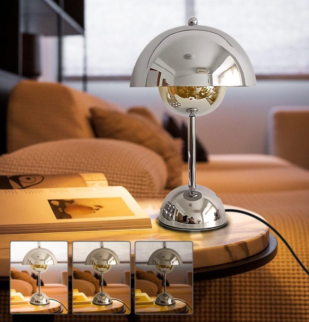Silver mushroom table lamp with 3-way dimmable touch control warm white bulb