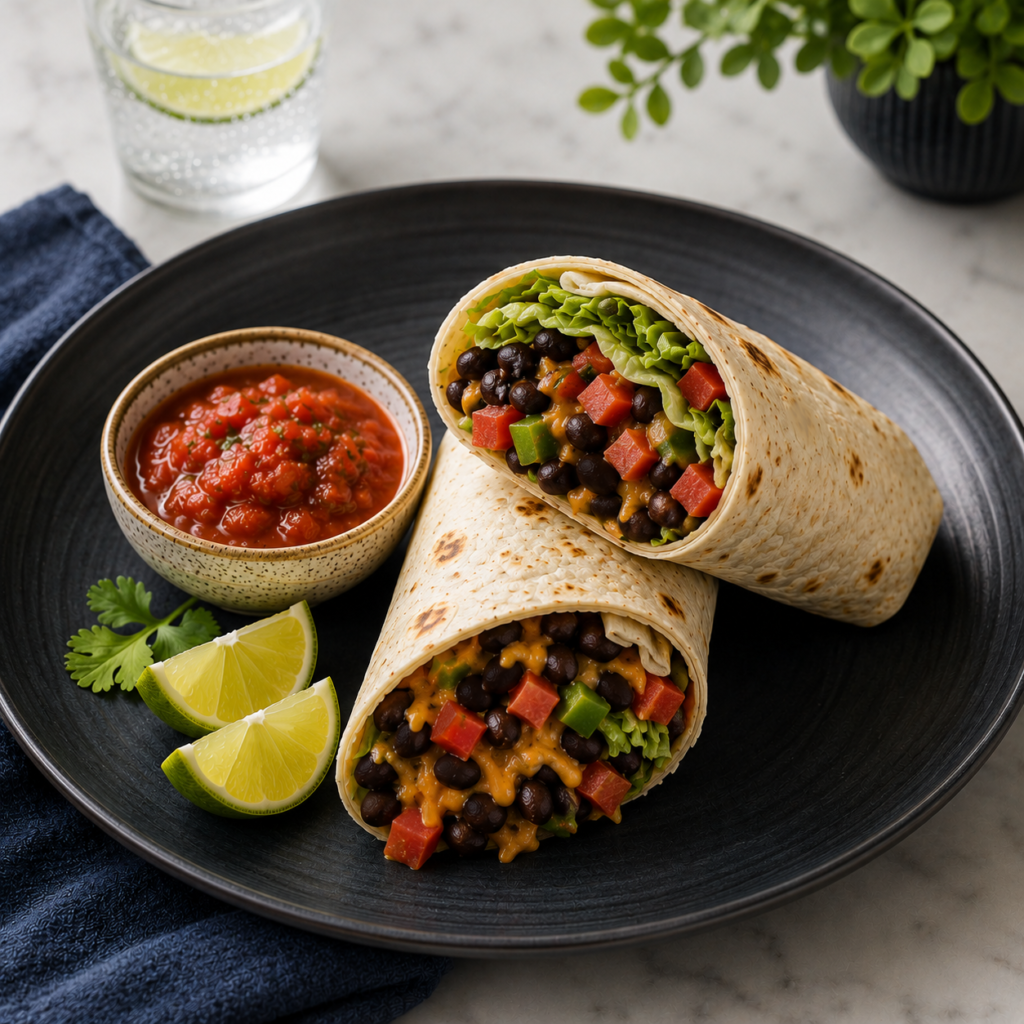 Simple black bean burrito with sautéed vegetables cheese and fresh toppings