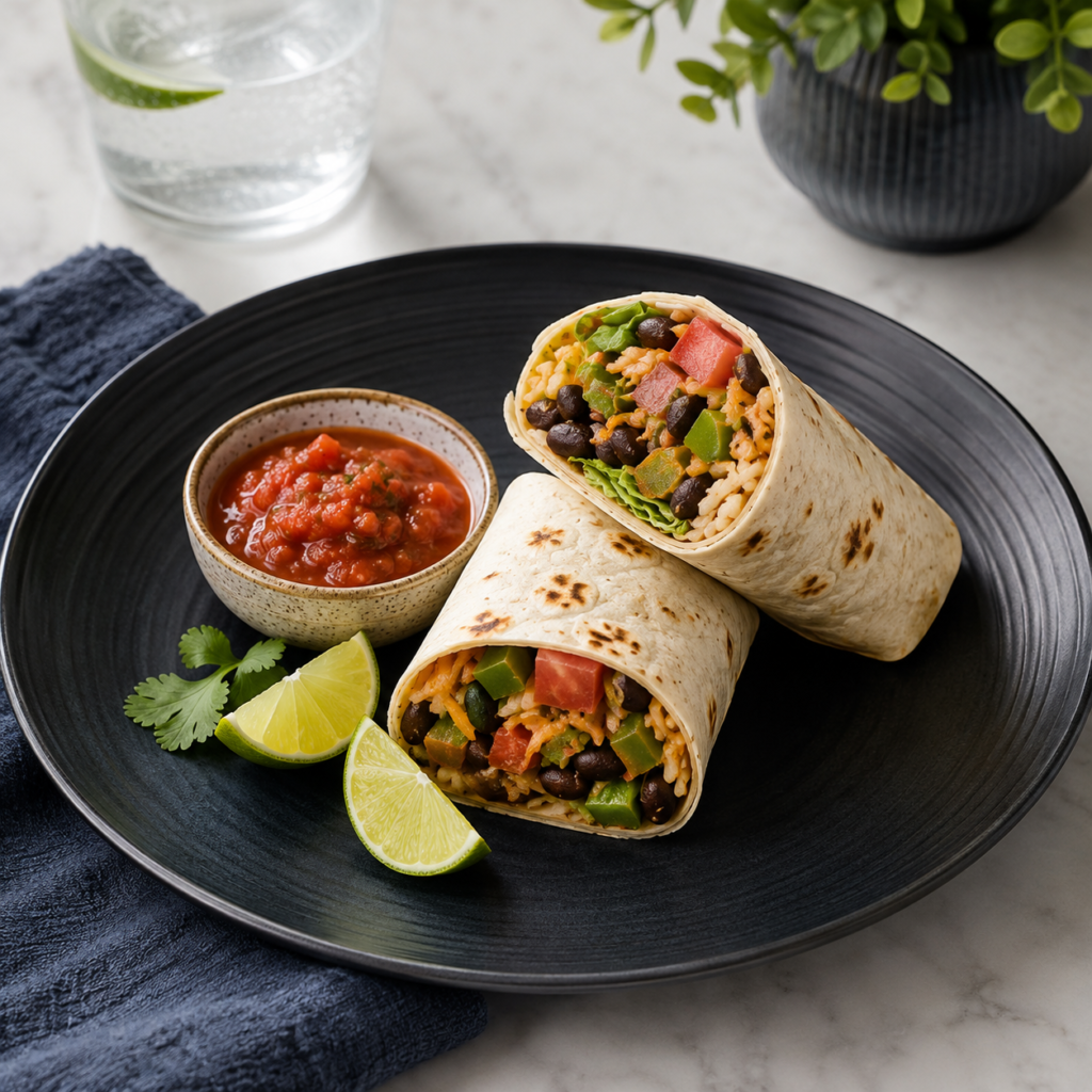 Simple black bean burrito with sautéed vegetables cheese and fresh toppings
