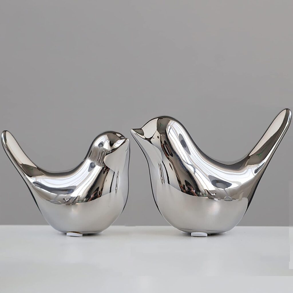Small birds statues in silver ceramic animal figurines for chrome home decor