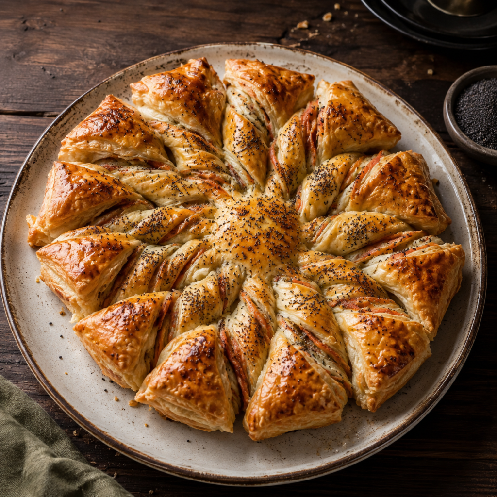 Twisted puff pastry sun tart filled with cream cheese and smoked salmon