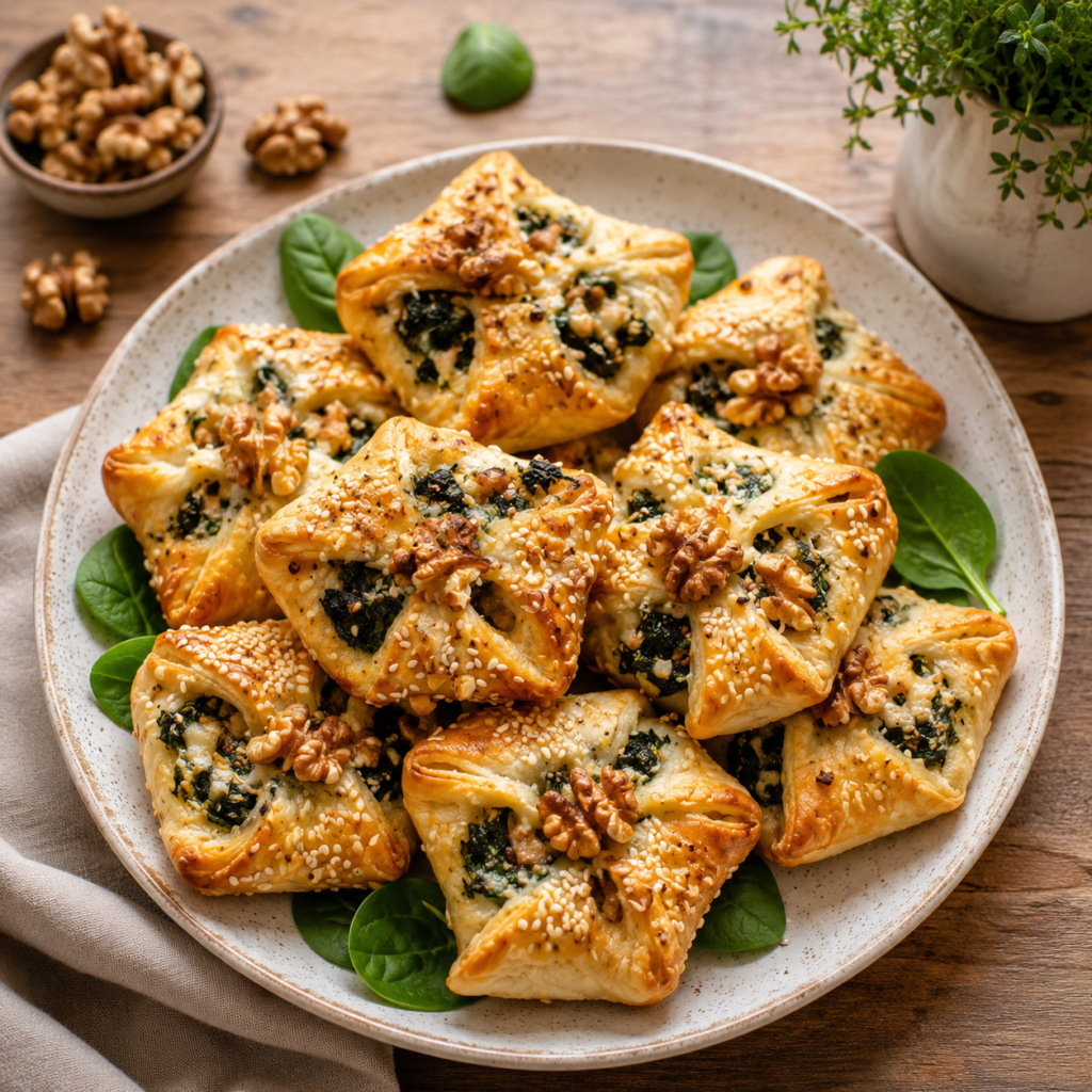 Flaky puff pastry parcels filled with spinach cheese and walnuts