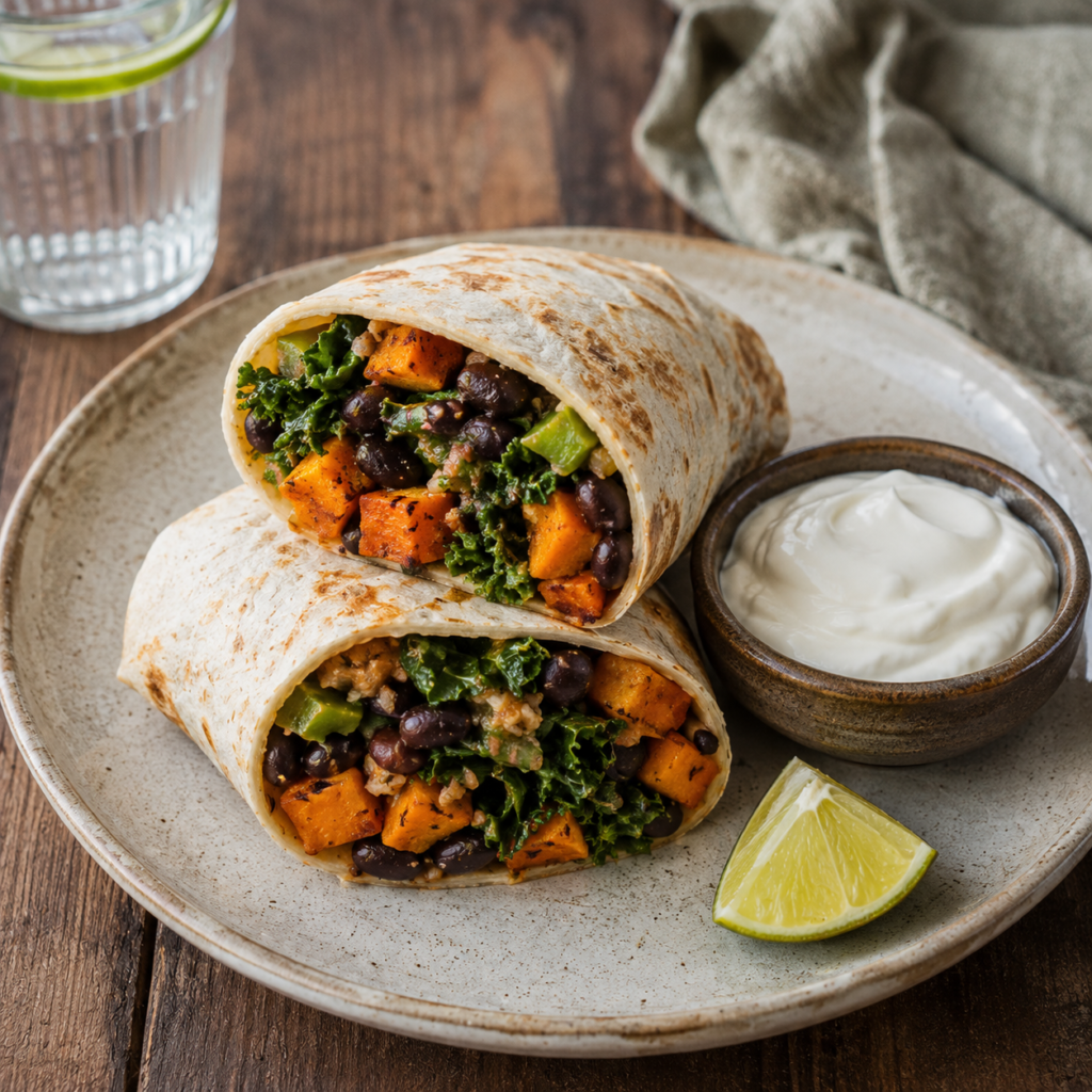 Sweet potato and black bean burrito with kale cumin and cheddar cheese