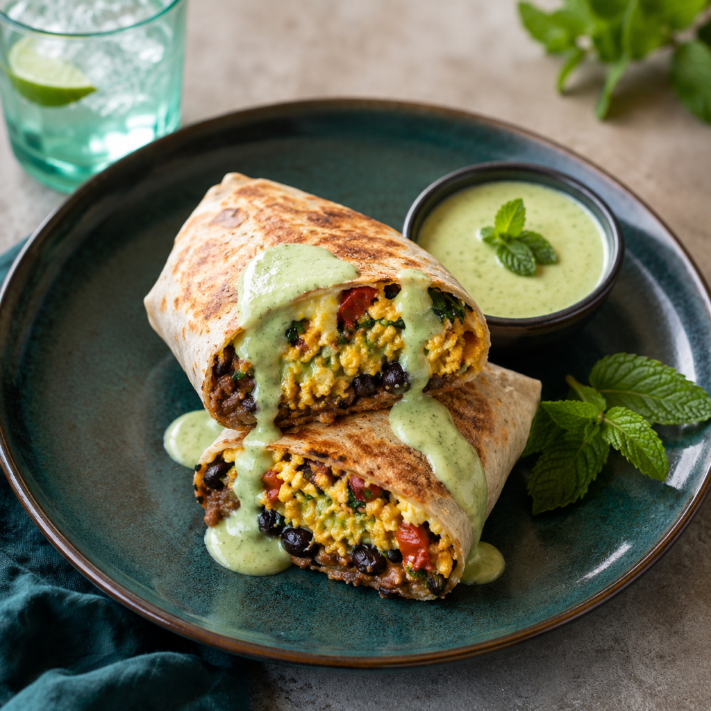 Plant-based tofu scramble and black bean burrito with mint yogurt sauce