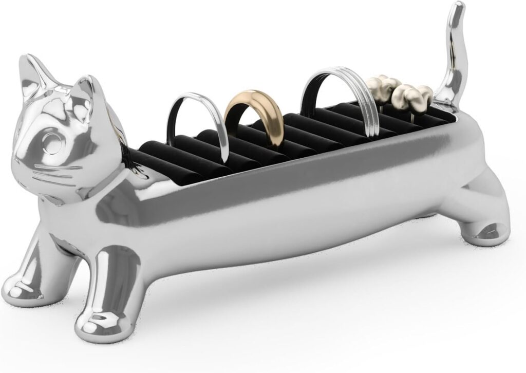 Umbra Ali cat ring holder in chrome with velvet padded base holds 9 rings