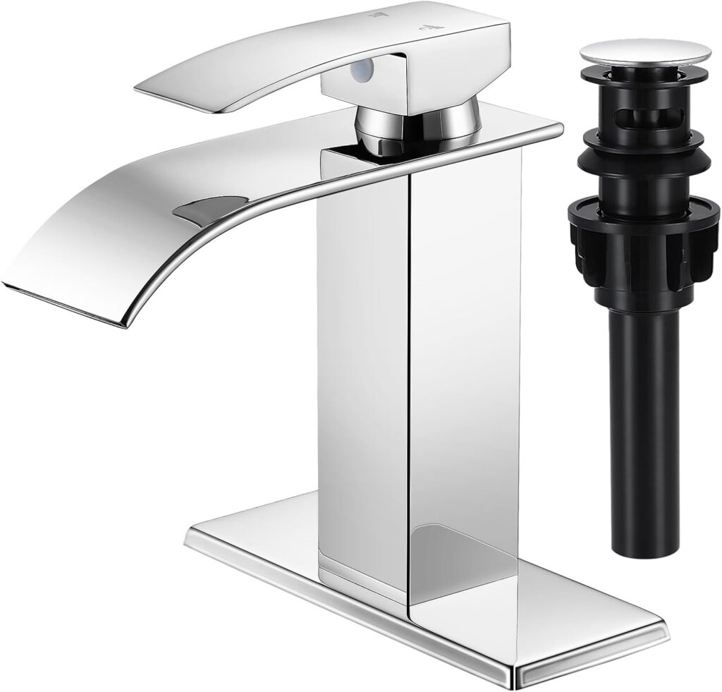 Chrome waterfall single handle bathroom sink faucet with pop-up drain
