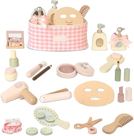 Wooden pretend play makeup toy set natural materials for ASMR kids spa