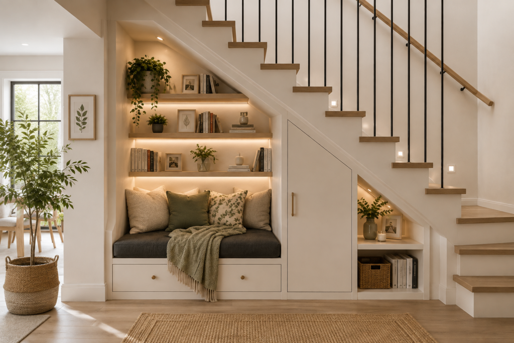Cozy under-stair nook with bench cushions throw blanket and warm lighting