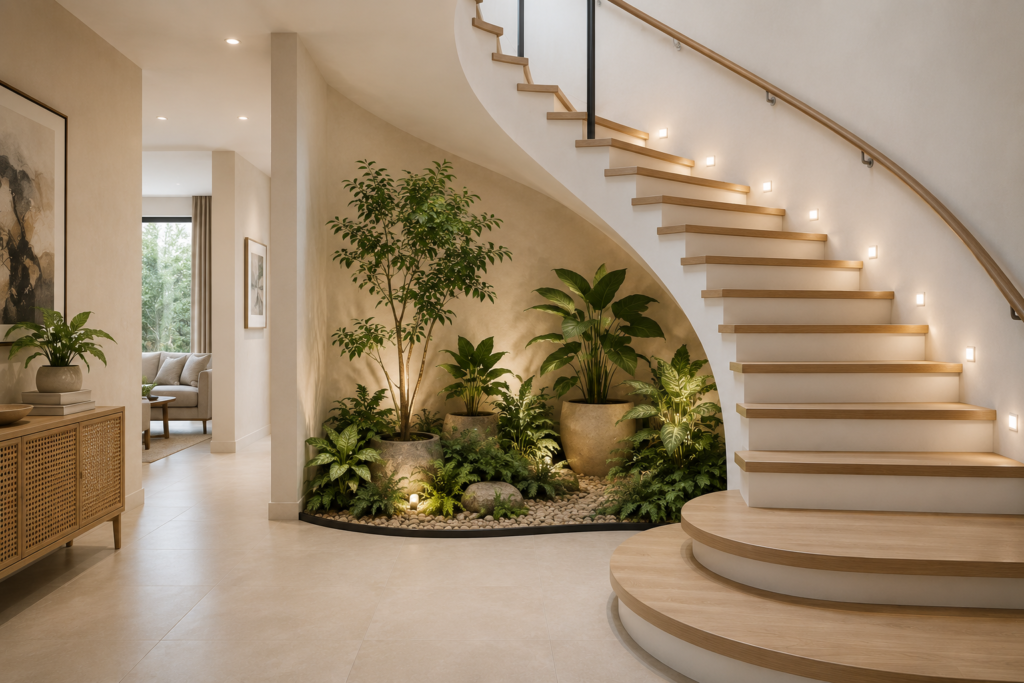 Under-stair indoor garden corner with tropical plants and pebble bed