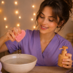 ASMR spa products jade roller facial sponges hair brush and scrubs flatlay