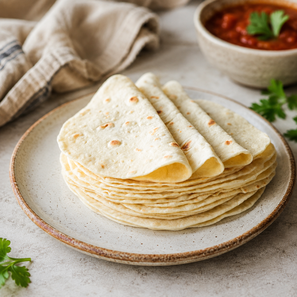 Homemade flour tortillas stacked on wooden board for bean burrito recipes