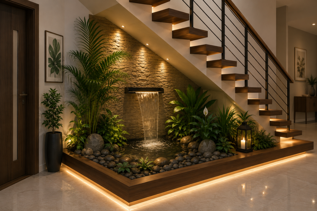 Indoor staircase feature wall with faux stone panels and decorative water fountain