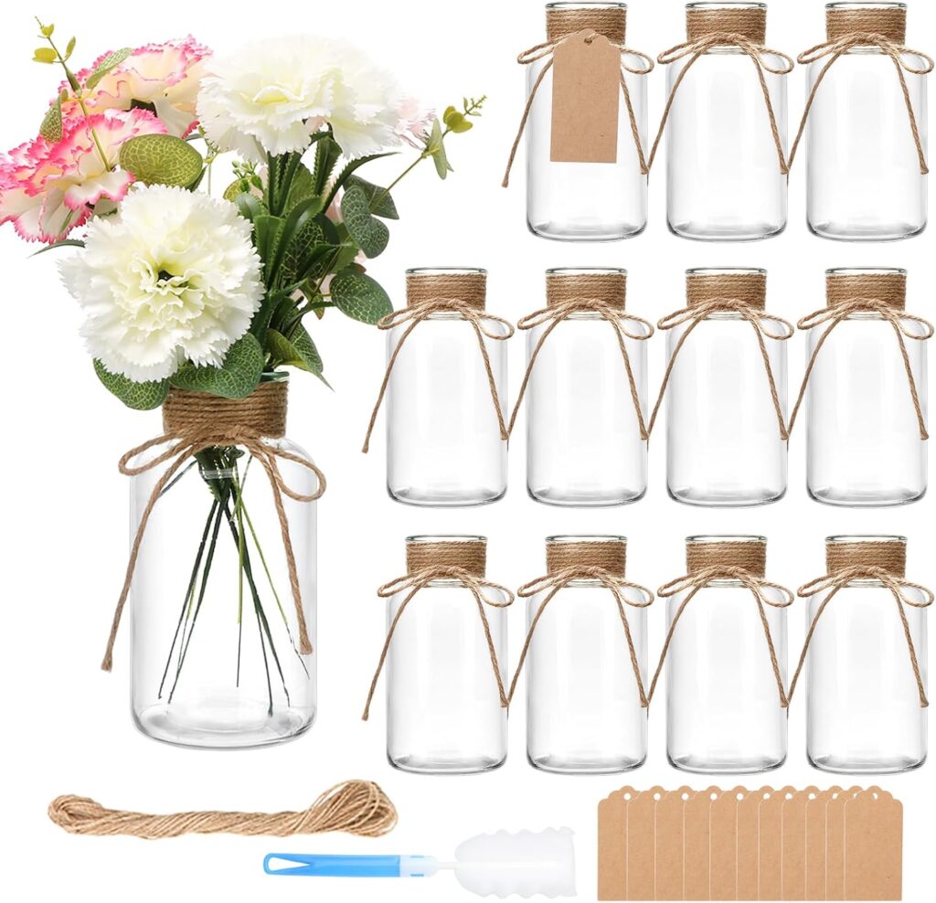 6-piece clear mason jar glass flower vases with twine for fall centerpiece decor