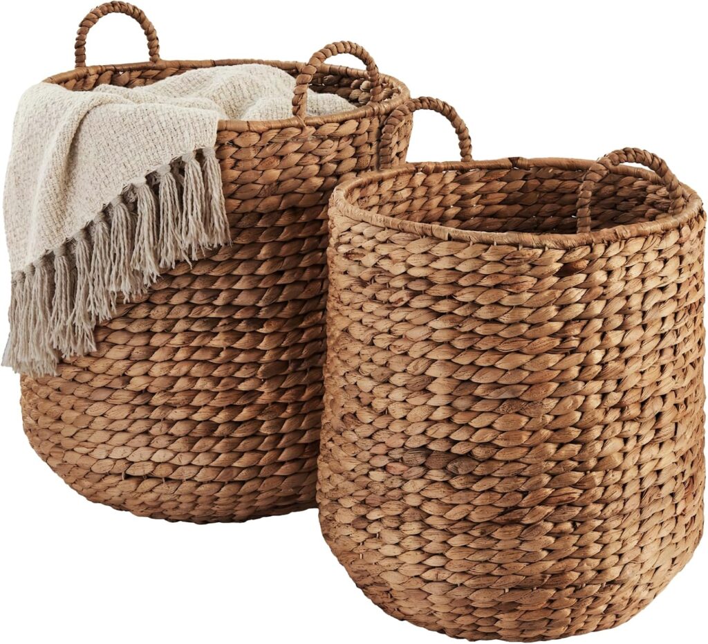 2-piece round nesting baskets handwoven water hyacinth with handles in chestnut