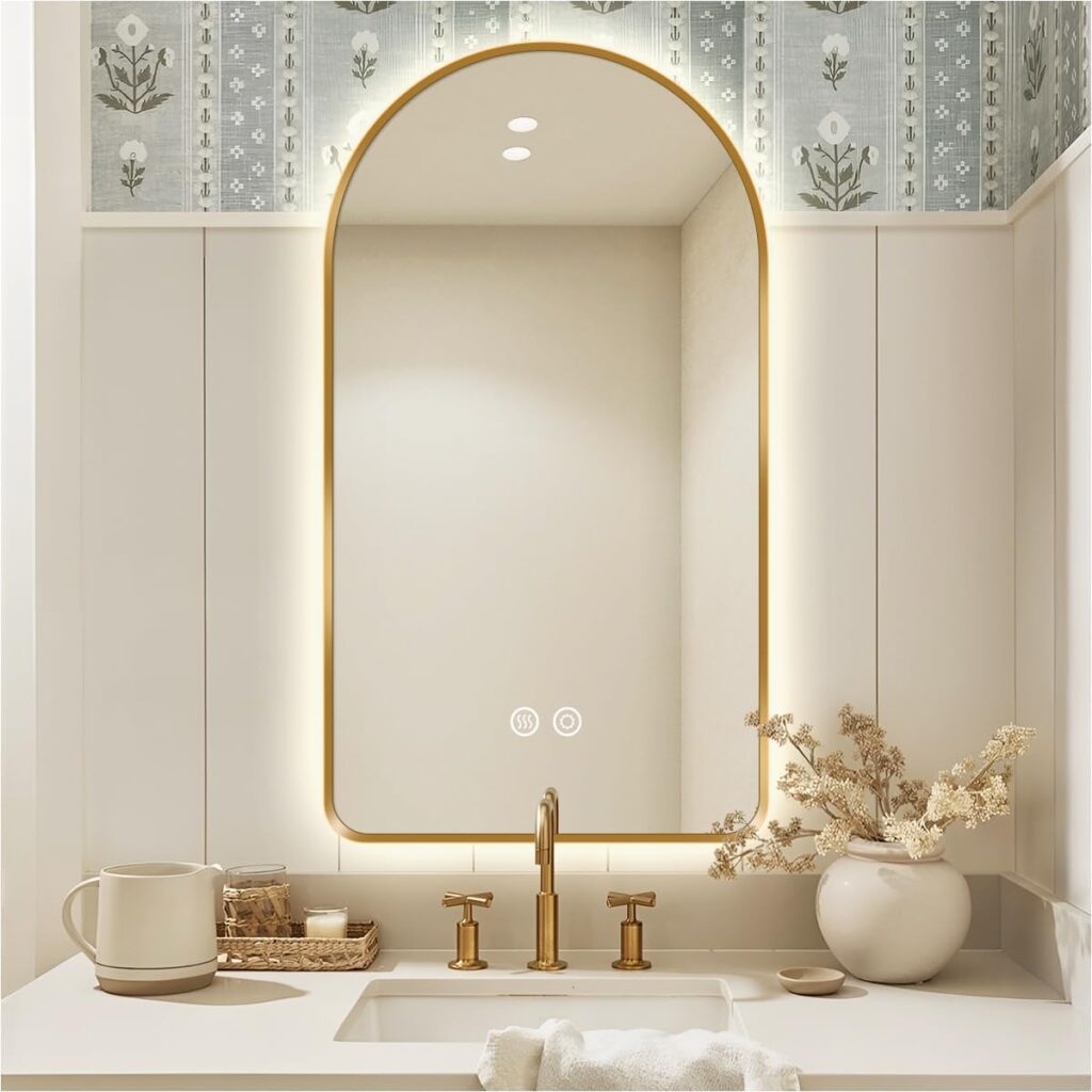 Arched LED bathroom mirror in brushed gold backlit dimmable and shatter-proof