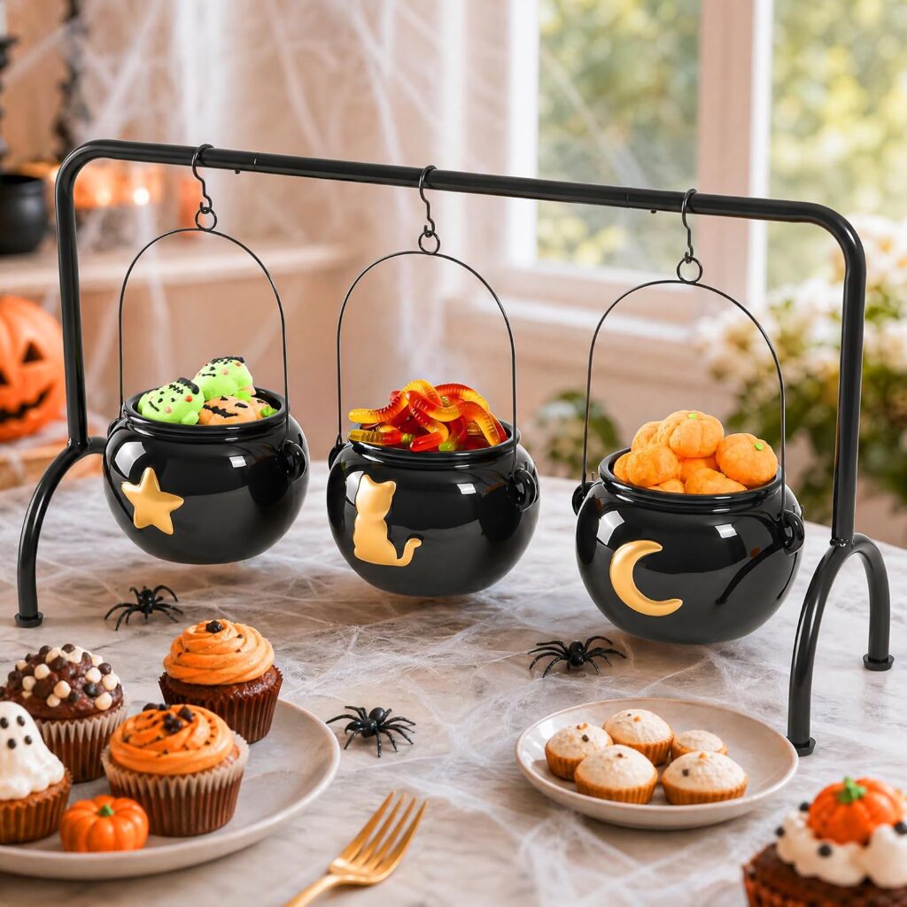 3-pack ceramic witches cauldron bowls on rack with cat moon star pattern