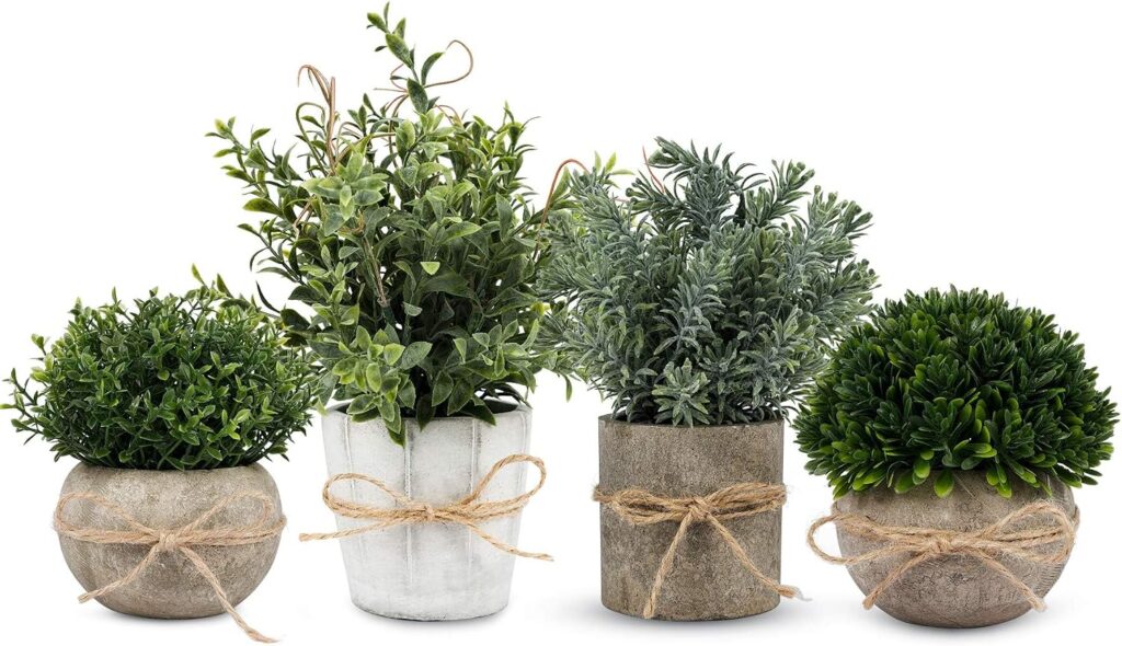 4-pack small fake plants in white pulp pots for bathroom shelf or desk decor