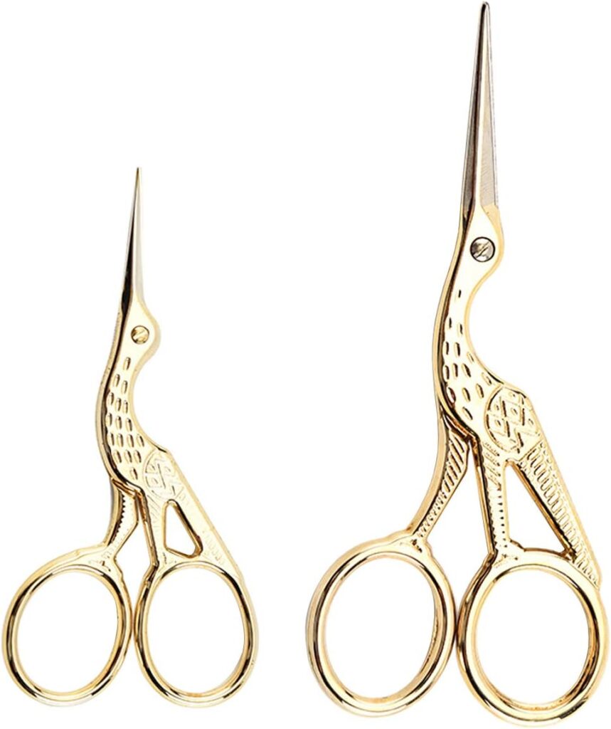 Gold stork embroidery scissors for finishing DIY crochet bag ends