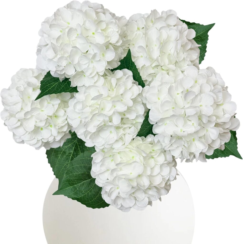 6-piece white hydrangea artificial flowers with stems for bathroom vase decor
