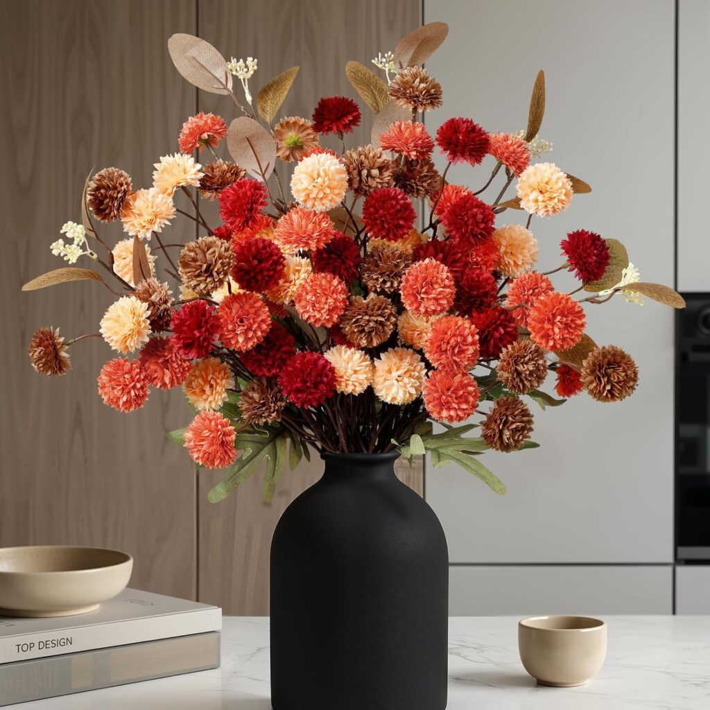 Alupssuc 16-piece silk mums artificial fall flowers with eucalyptus mix orange for mason jar