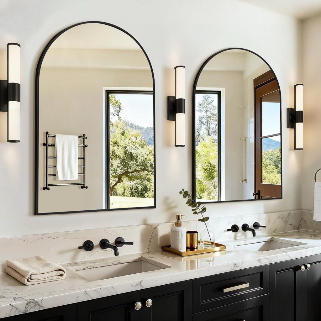 Arched bathroom vanity mirrors set in black HD tempered glass anti-rust frame