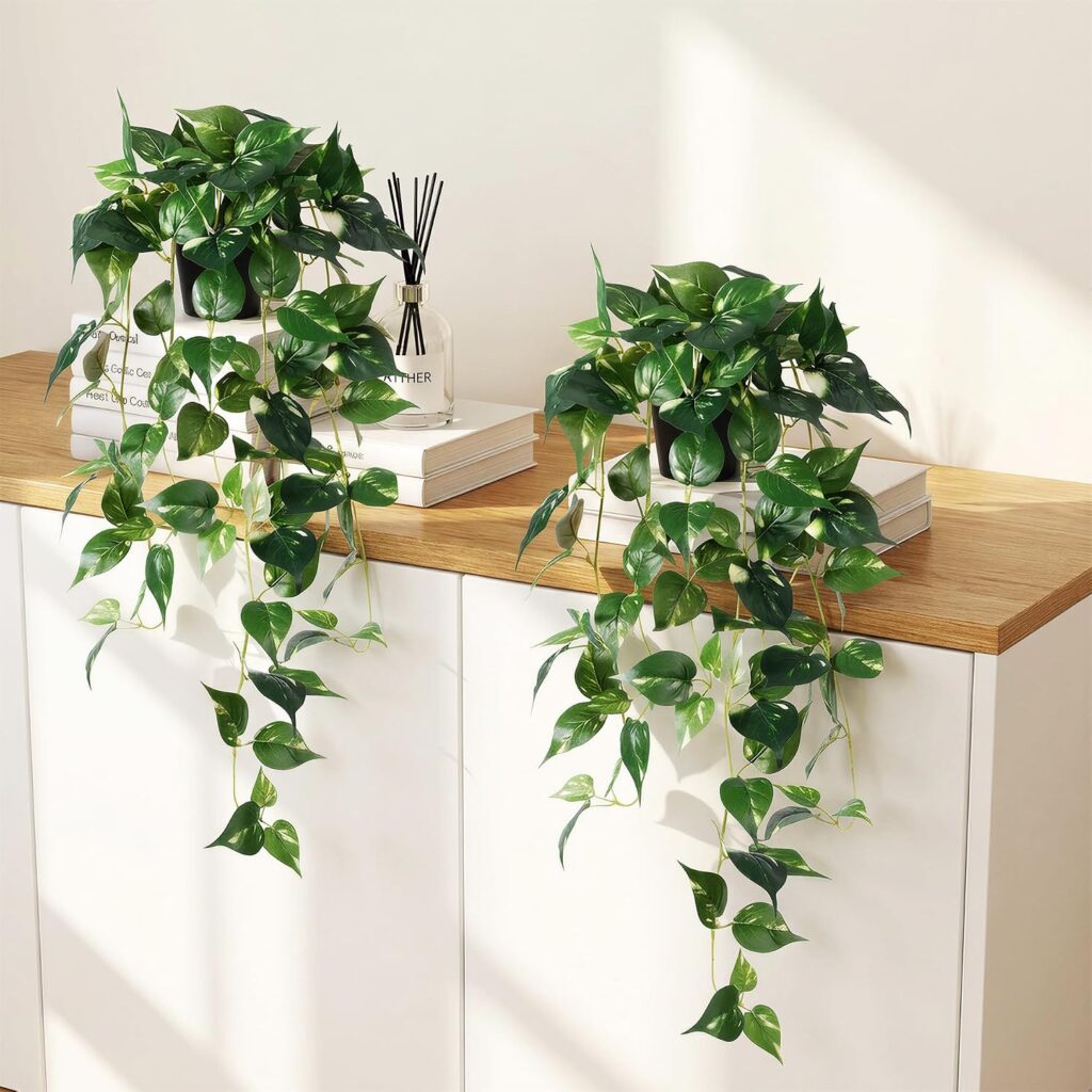 Artificial hanging pothos plants with pots faux trailing greenery for bathroom shelf