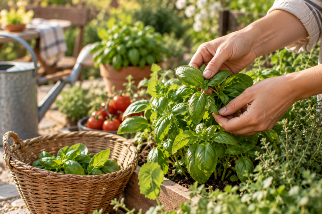 Fresh basil leaves close up common culinary herb for pasta and pesto