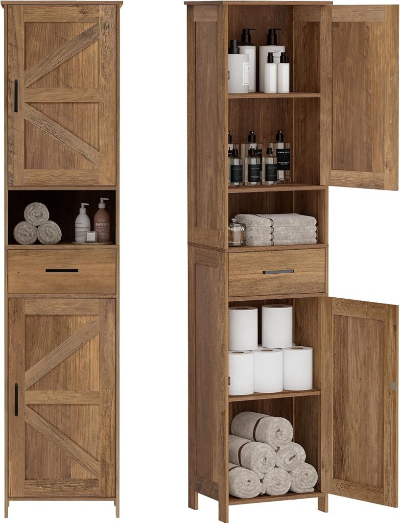 Bathroom storage cabinet with barn doors and drawer rustic walnut narrow floor cabinet