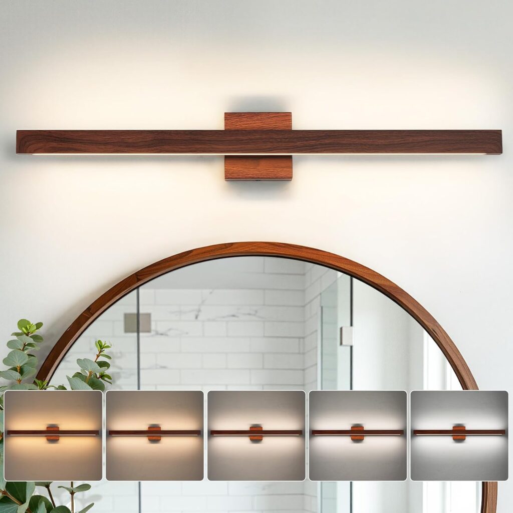 Dimmable LED bathroom vanity light 32 inch brown wood finish with up and down lighting