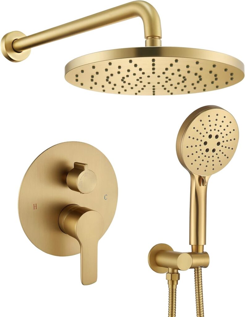 Brushed gold rain shower system with handheld 10-inch wall-mounted with pressure balance valve
