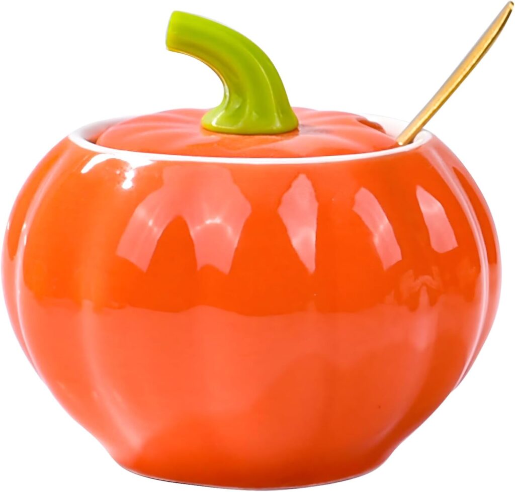 Ceramic pumpkin sugar bowl with lid and spoon 300ml for Halloween kitchen
