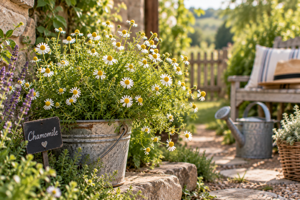Fresh chamomile flowers growing in a sunny cottage garden
