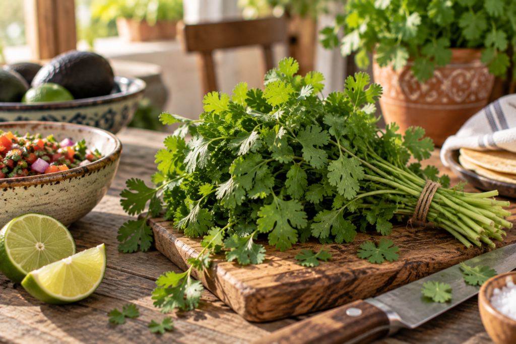 Fresh cilantro leaves on wooden surface common culinary herb for Mexican dishes