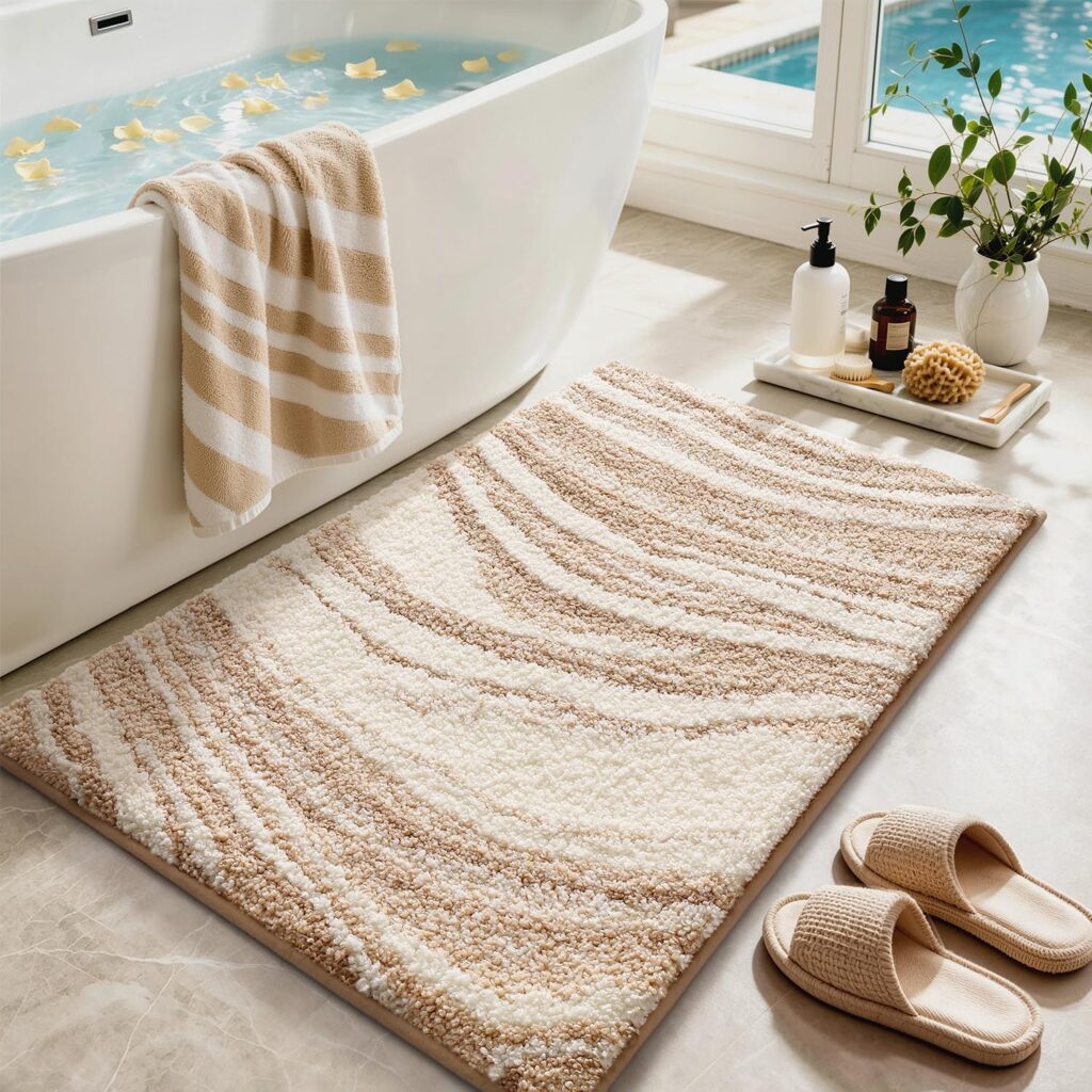 Color and Geometry marble bath mat 24x36 inch khaki swirl quick-dry non-slip rubber backing