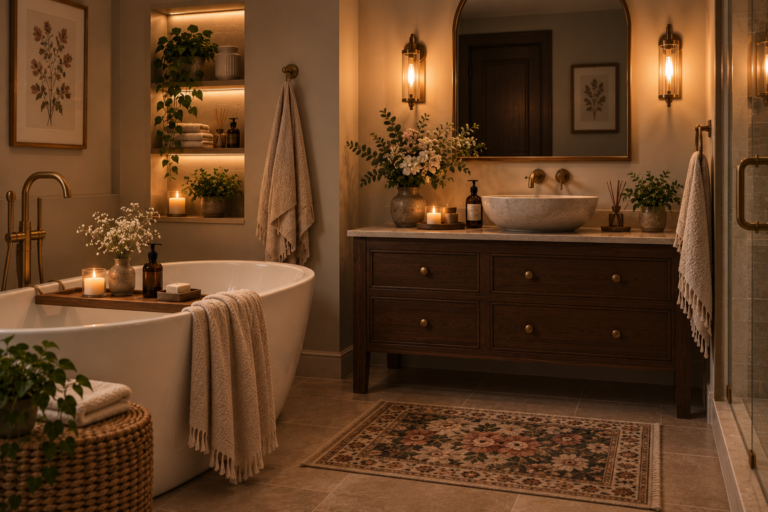 cozy bathroom ideas with warm lighting candles wicker baskets and soft towels