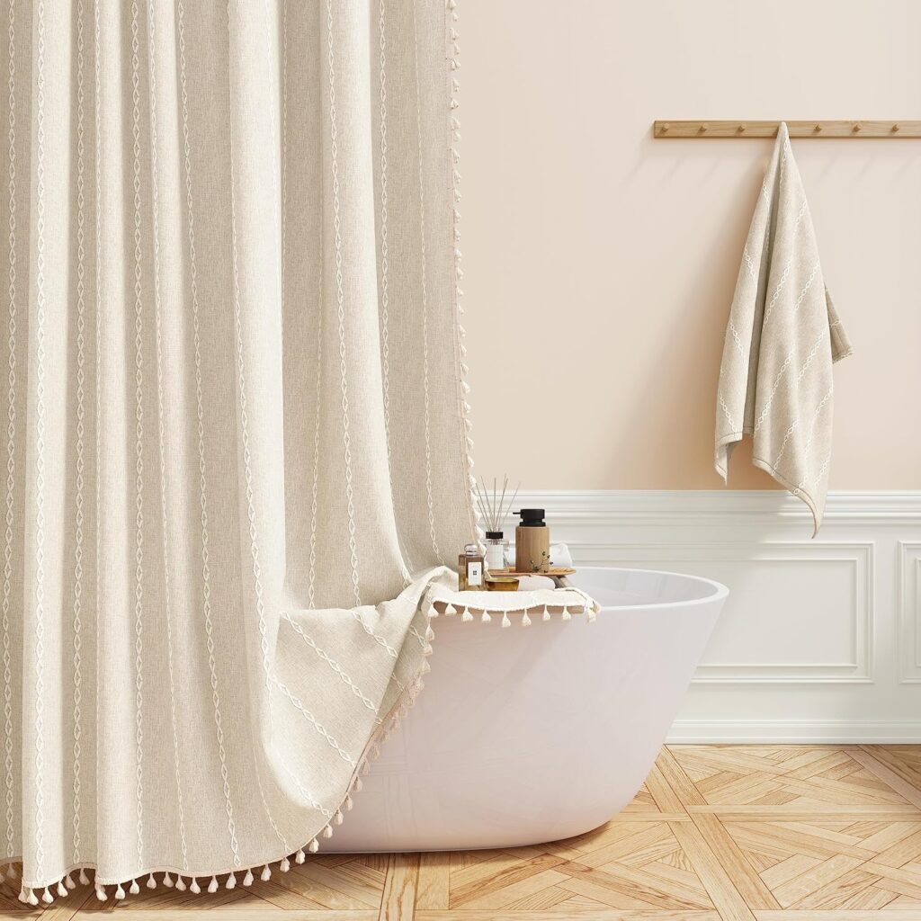 Cream boho farmhouse linen heavy duty shower curtain with vintage stripes and plastic hooks