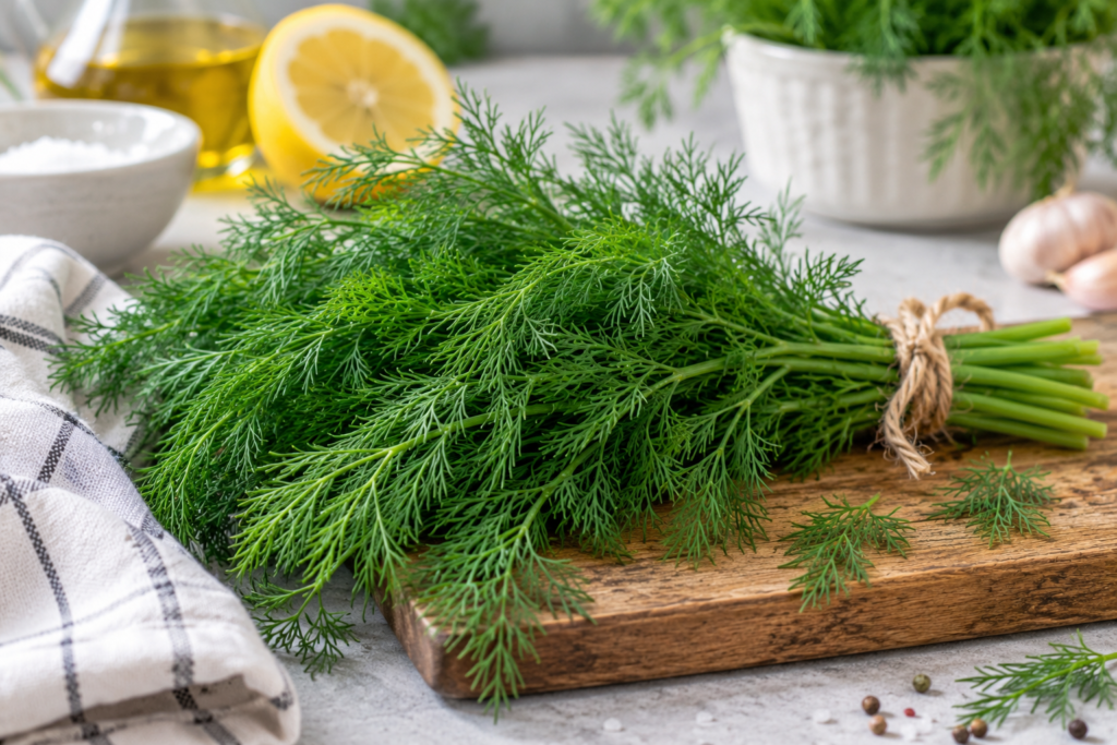 Fresh dill fronds common culinary herb for salmon pickles and tzatziki