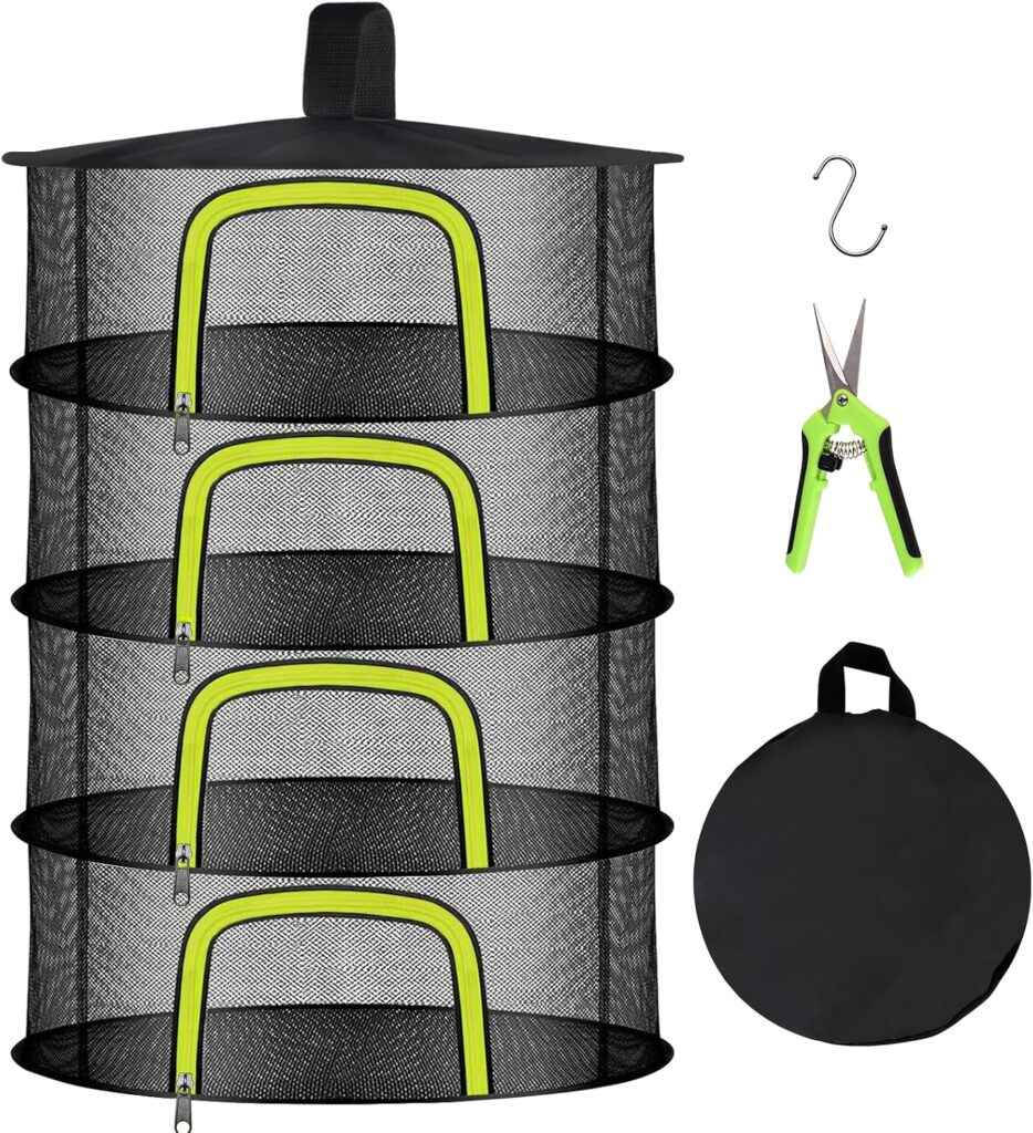Doacpr 4-layer hanging herb drying rack foldable with S-hooks and pruning shears