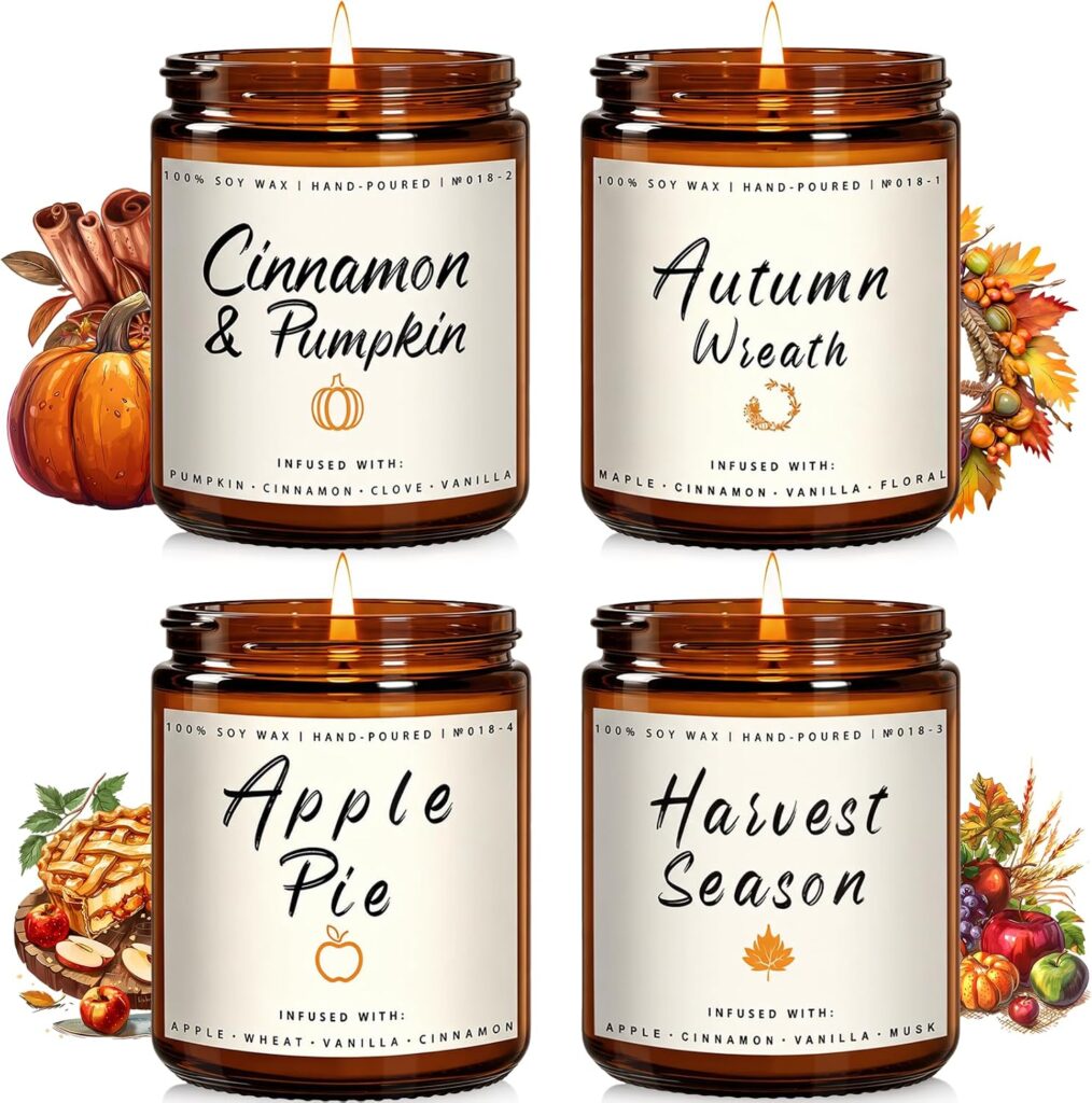 Fall candle set 4-pack apple pie cinnamon harvest and wreath scents for cozy bathroom
