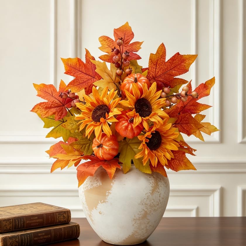 4-piece artificial fall floral stems with sunflower and pumpkin for mason jar vase