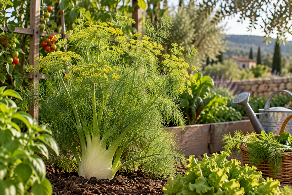 Fresh fennel growing in a sunny vegetable garden.