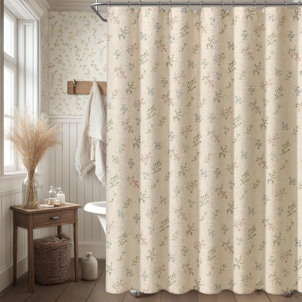 Floral farmhouse vintage linen shower curtain French country pattern warm and romantic