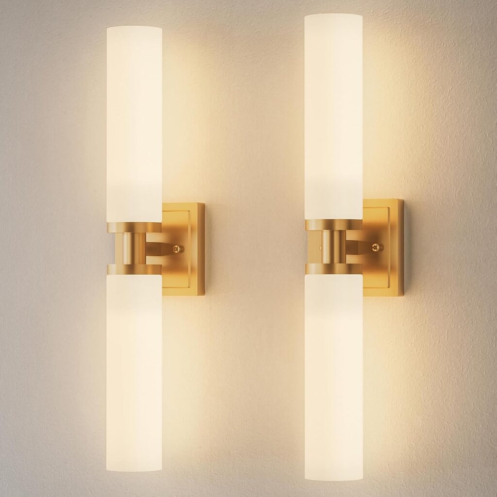 Gold wall sconces set of two with frosted glass shade for cozy bathroom vanity